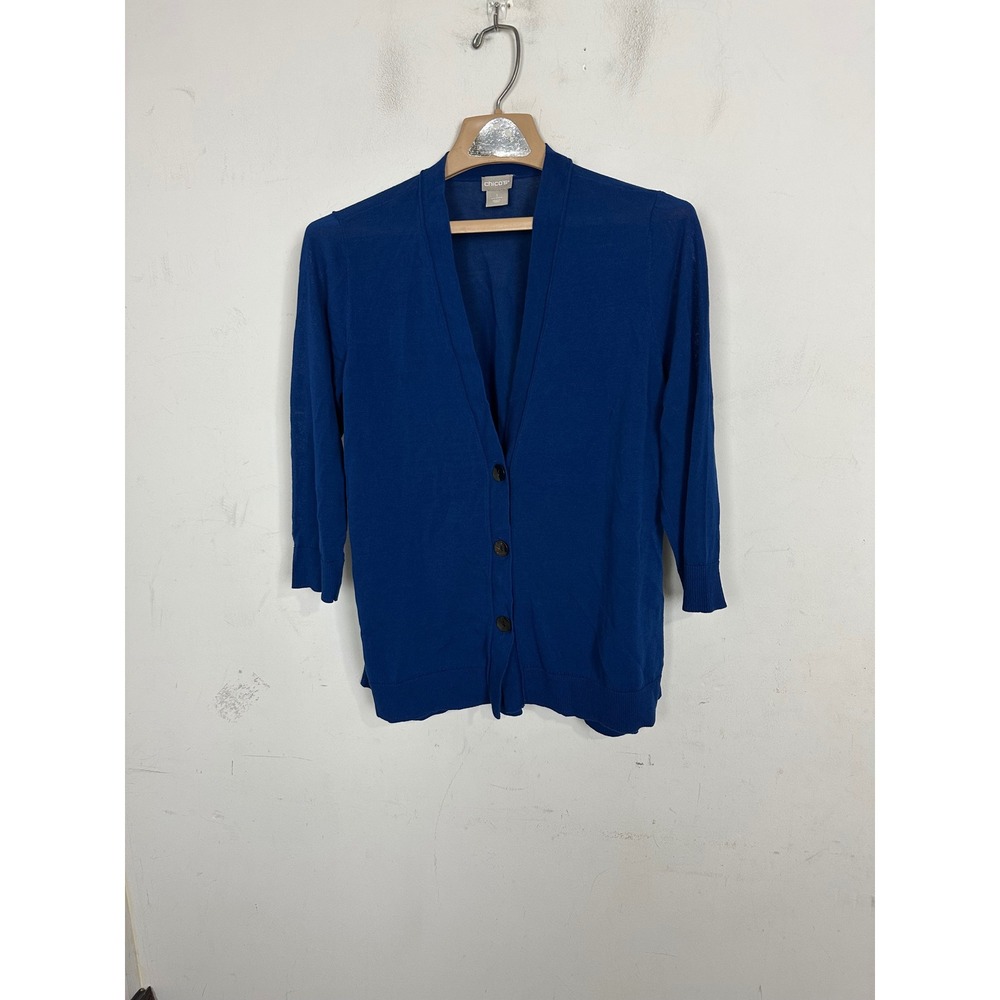 Chicos Womens Royal Blue V-Neck Button Front 3/4 Sleeve Cardigan Size 1 M